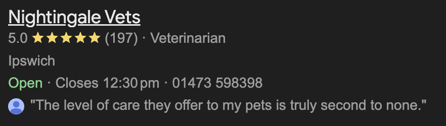 Google search result for 'vets near me' showing Nightingale Vets - 5.0 stars from 197 reviews, Ipswich, open, 01473 598398